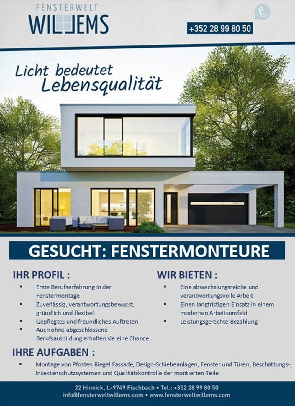 Zur Verstärkung unseres Teams suchen wir Fenstermonteure (m/w/d) - Fensterwelt Willems Luxemburg